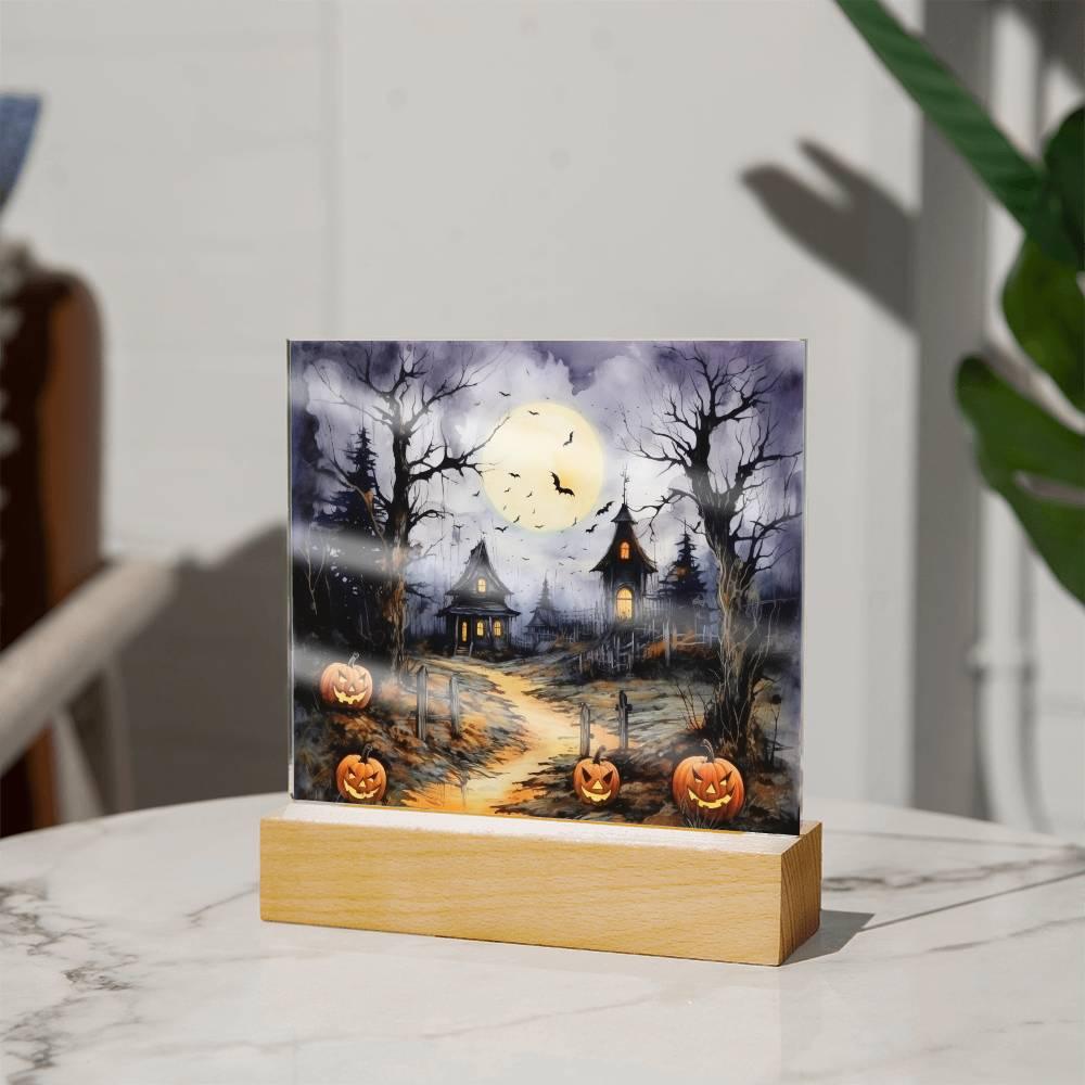 Halloween Haunt: Detailed Mansion Acrylic Plaque with LED Lighted Wooden Base - Mallard Moon Gift Shop