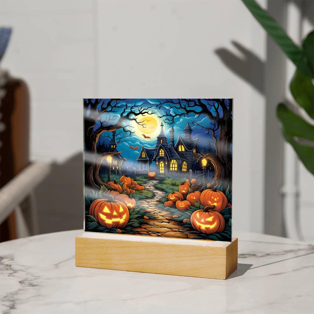 Halloween Decor Haunted Mansion Acrylic Square Plaque with LED Wooden Base - Mallard Moon Gift Shop