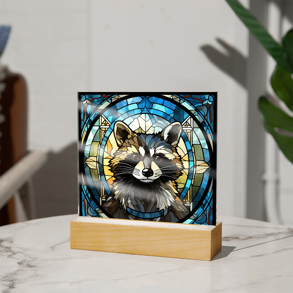 Stained Glass Raccoon Acrylic LED Light Plaque – Custom Animal Art Gift with Wooden Base - Mallard Moon Gift Shop