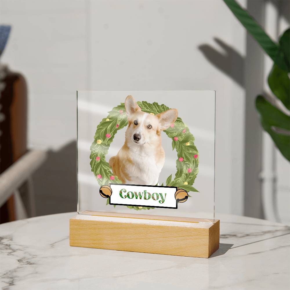 Pet Personalized Holiday Wreath Photo Upload Keepsake Acrylic Plaque with Lighted LED Wooden Base - Mallard Moon Gift Shop