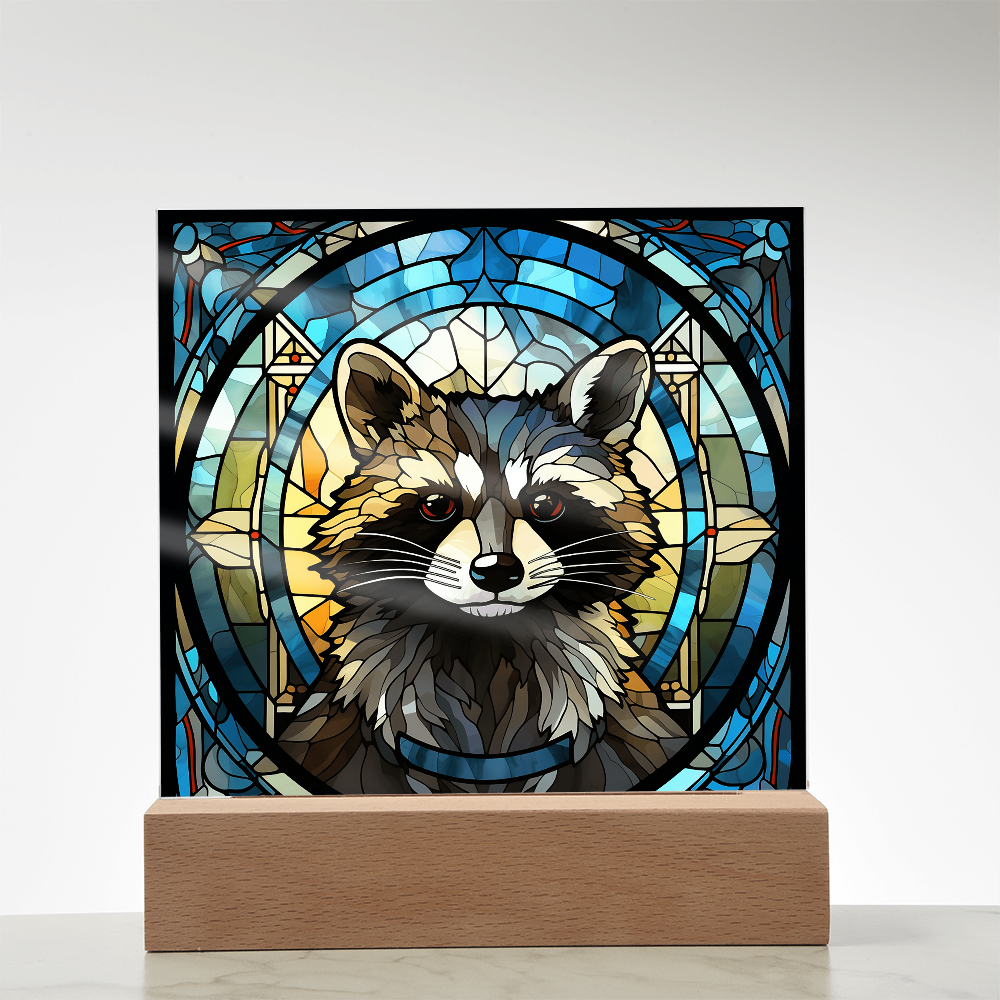 Stained Glass Raccoon Acrylic LED Light Plaque – Custom Animal Art Gift with Wooden Base - Mallard Moon Gift Shop