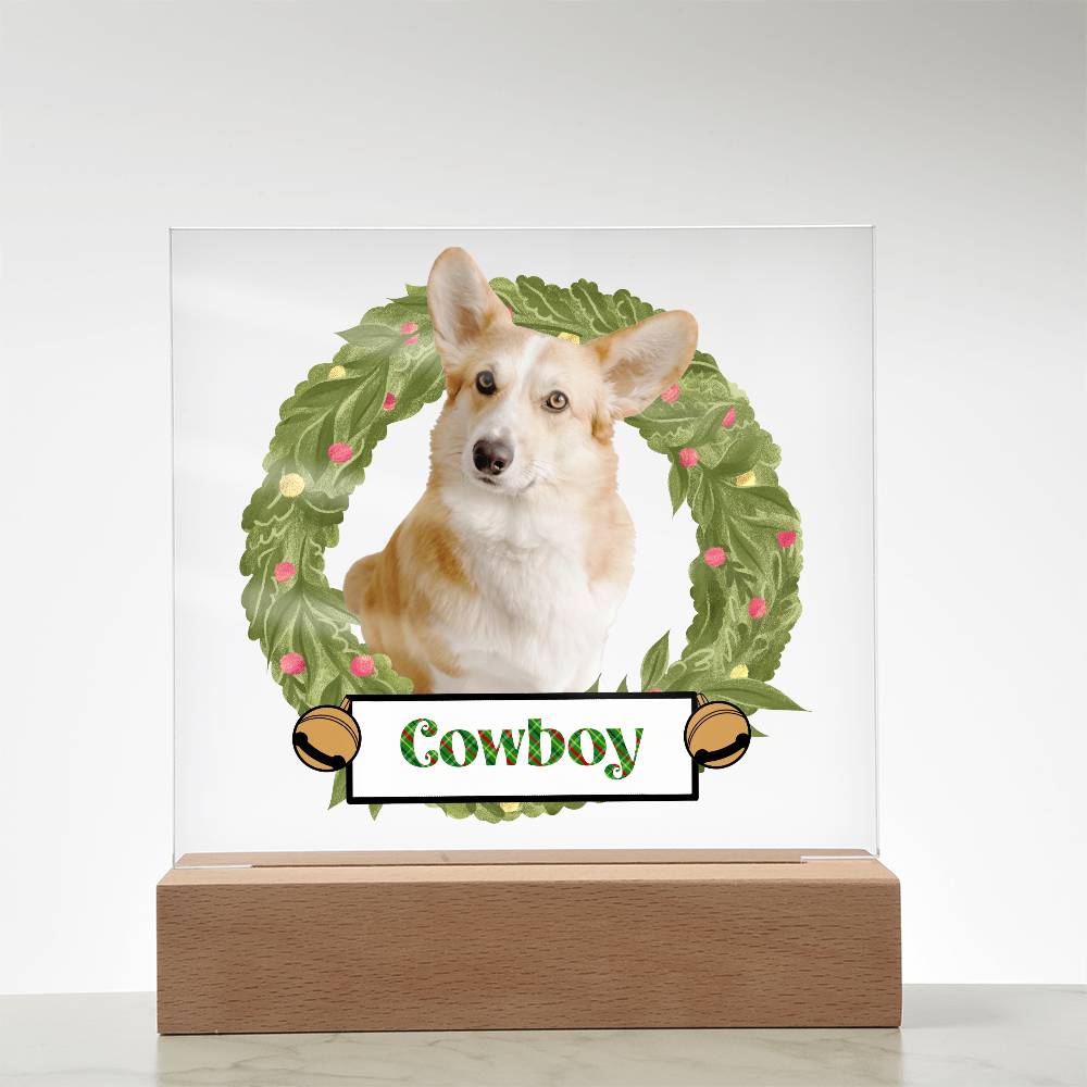 Pet Personalized Holiday Wreath Photo Upload Keepsake Acrylic Plaque with Lighted LED Wooden Base - Mallard Moon Gift Shop