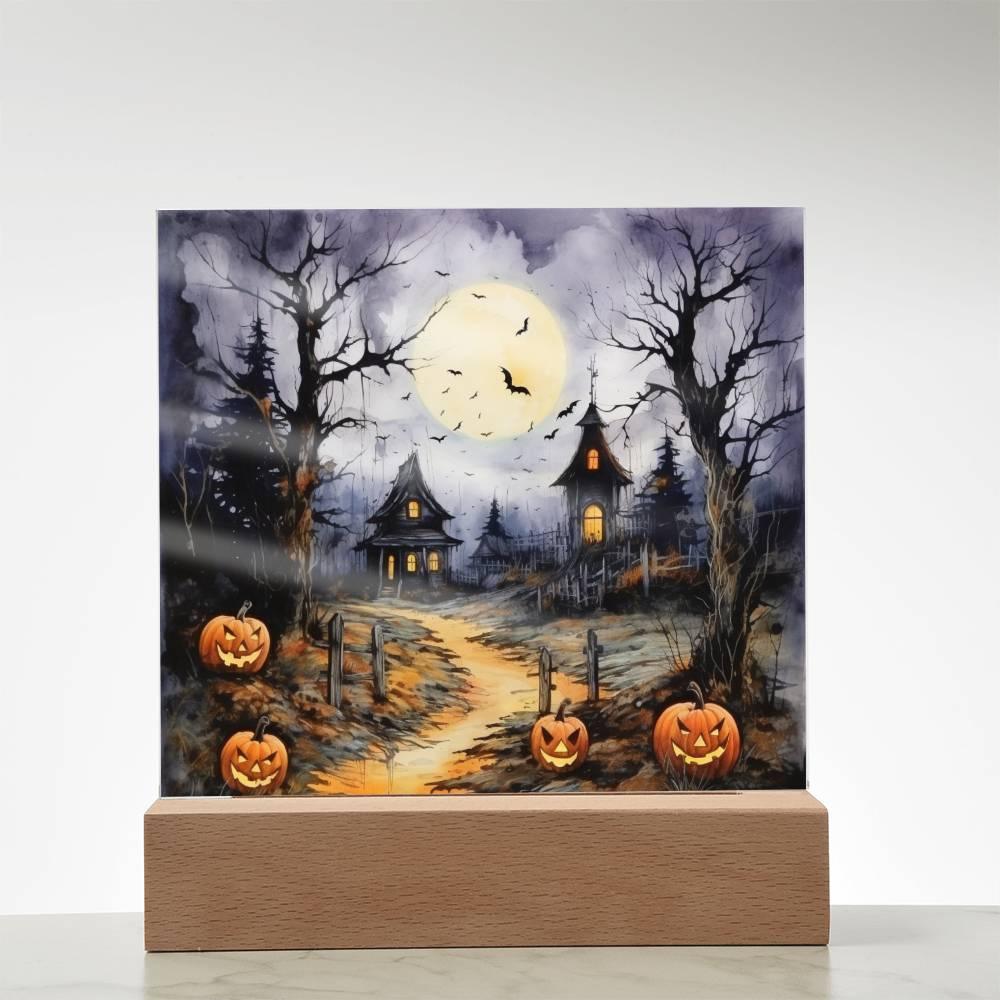 Halloween Haunt: Detailed Mansion Acrylic Plaque with LED Lighted Wooden Base - Mallard Moon Gift Shop