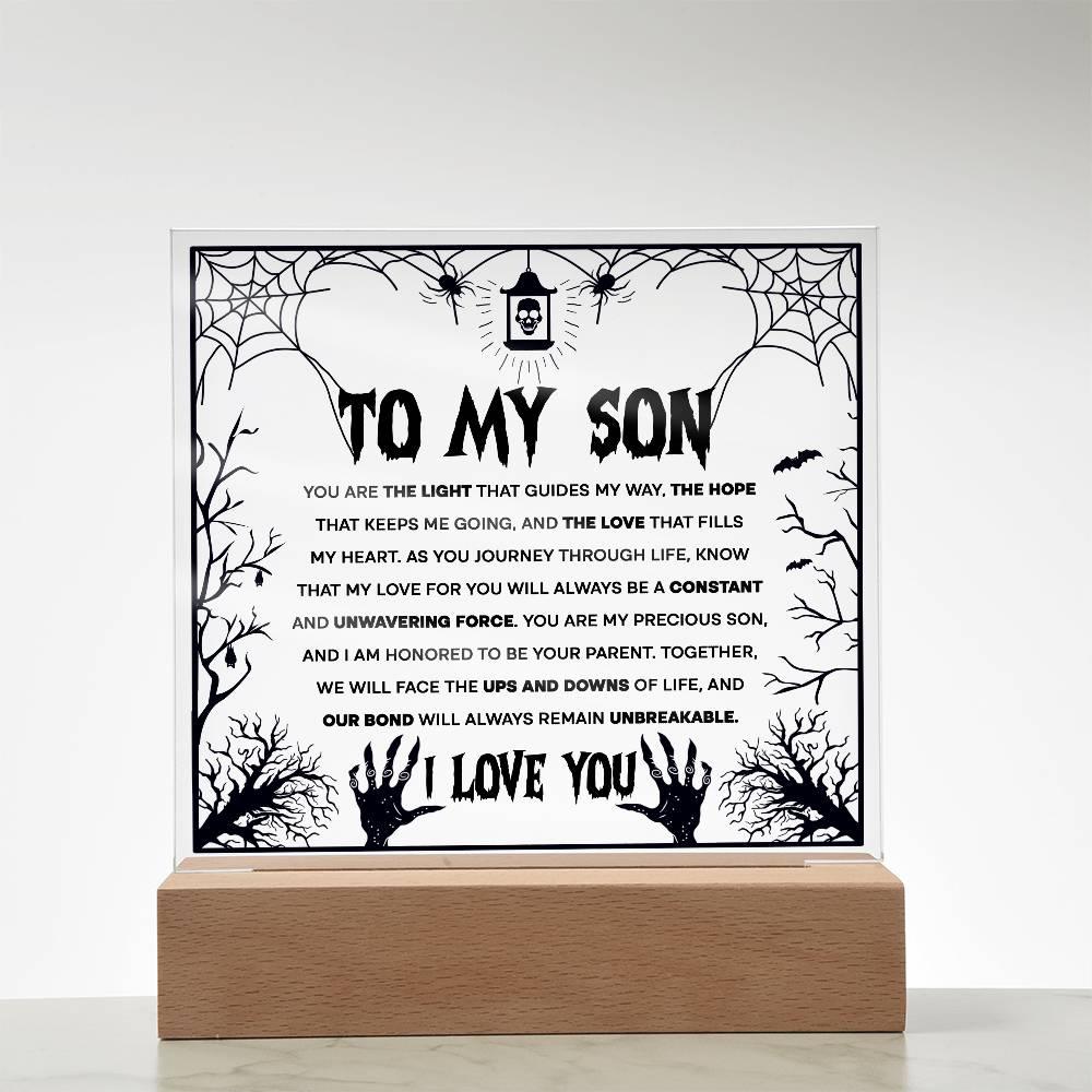 Son - Unwavering Force - Halloween Acrylic Square Plaque with LED Wooden Base - Mallard Moon Gift Shop
