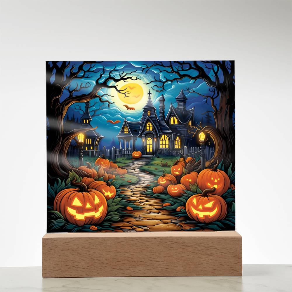 Halloween Decor Haunted Mansion Acrylic Square Plaque with LED Wooden Base - Mallard Moon Gift Shop
