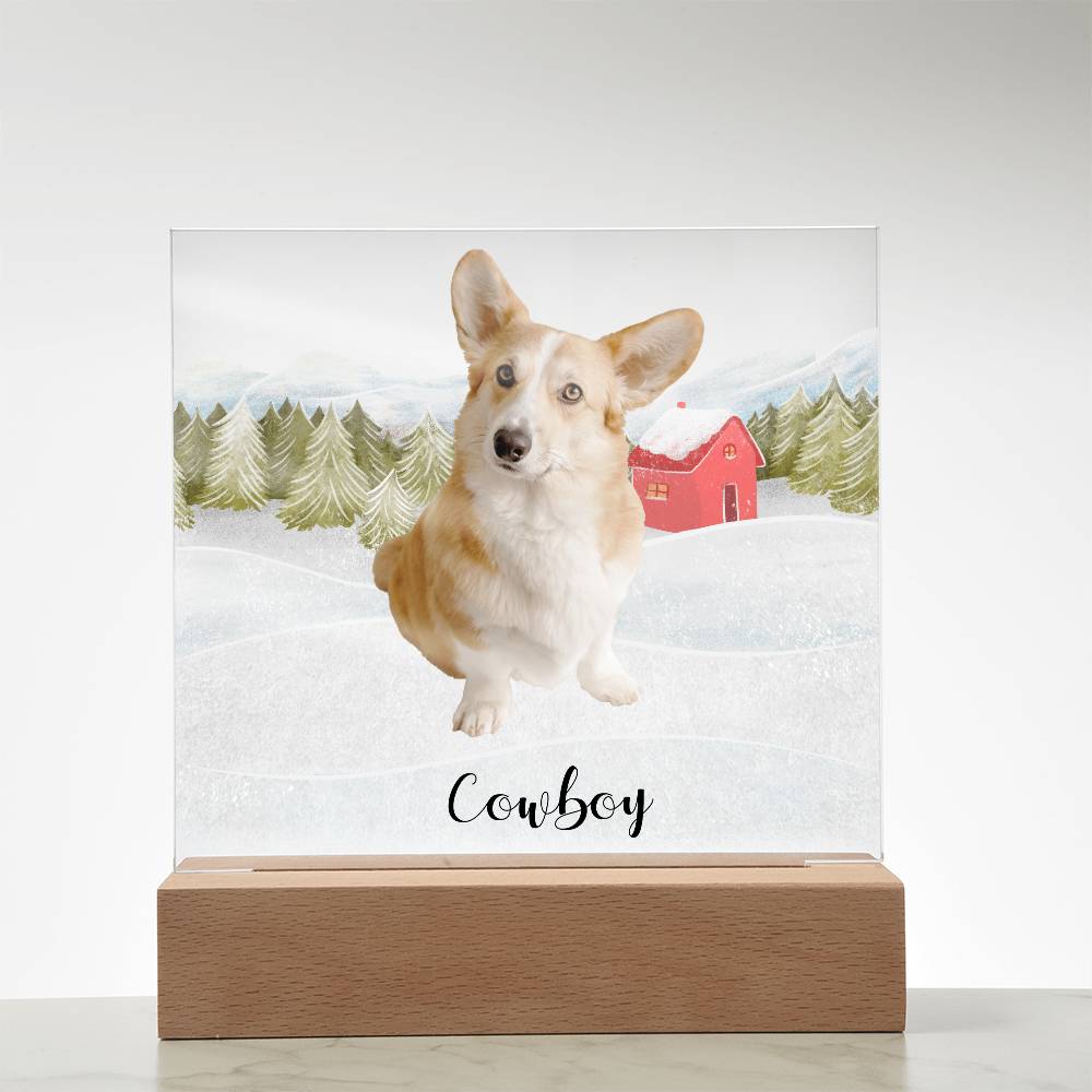 Pet Personalized Holiday Photo Upload Acrylic Plaque with Lighted LED Wooden Base - Mallard Moon Gift Shop
