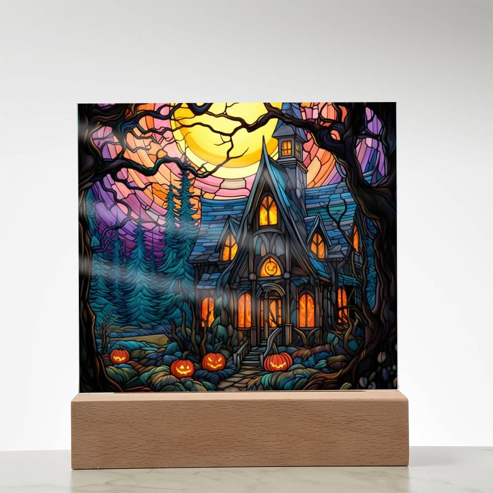 Spooky Halloween Mansion Acrylic Square Plaque with LED Lighted Wooden Base - Mallard Moon Gift Shop