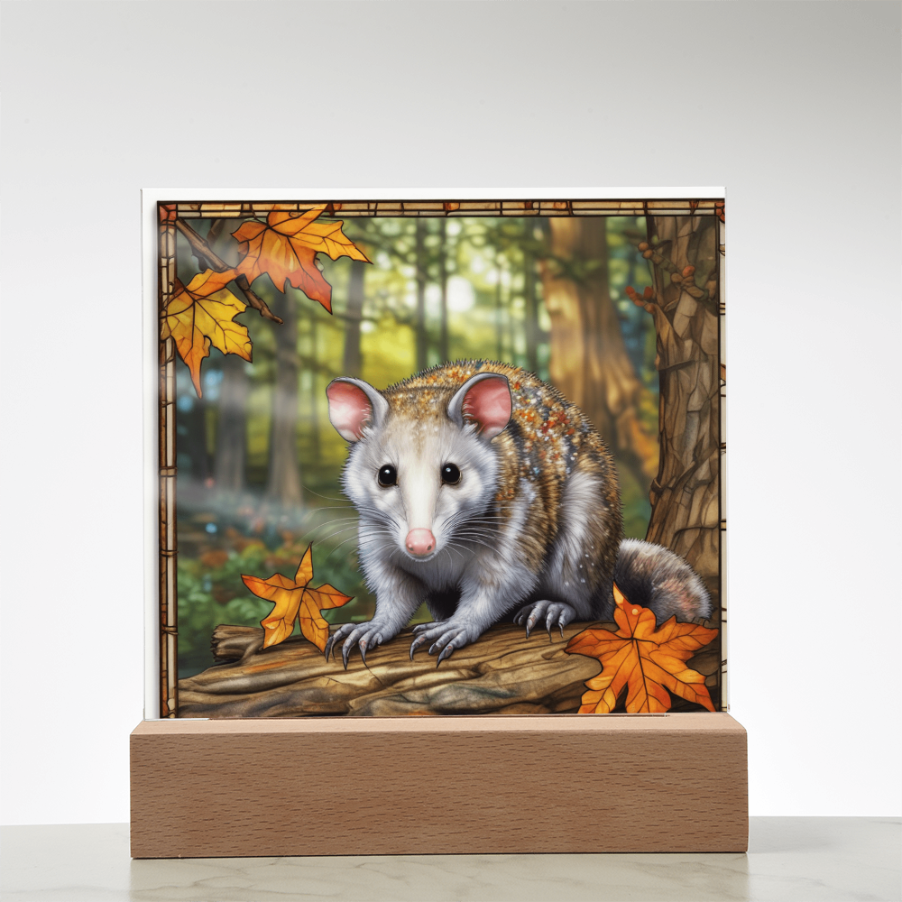 North American Opossum LED Acrylic Plaque – Autumn Forest Scene – Wooden Base (Battery or Corded) - Mallard Moon Gift Shop