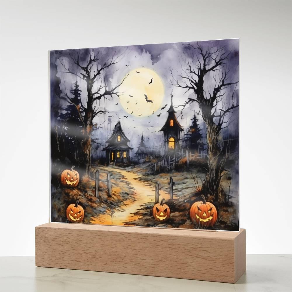 Halloween Haunt: Detailed Mansion Acrylic Plaque with LED Lighted Wooden Base - Mallard Moon Gift Shop