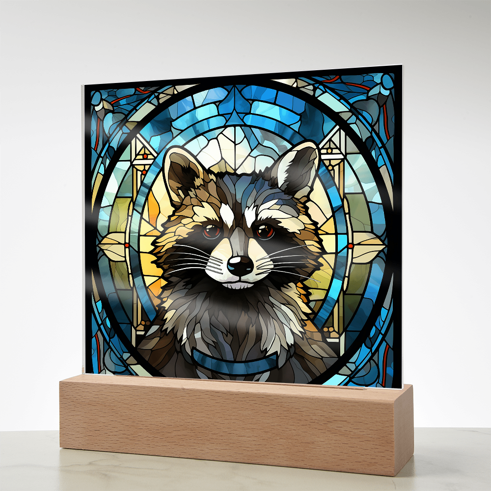Stained Glass Raccoon Acrylic LED Light Plaque – Custom Animal Art Gift with Wooden Base - Mallard Moon Gift Shop