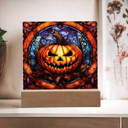 Halloween Pumpkin Stained-Glass Acrylic Square Plaque with LED Wooden Base - Mallard Moon Gift Shop
