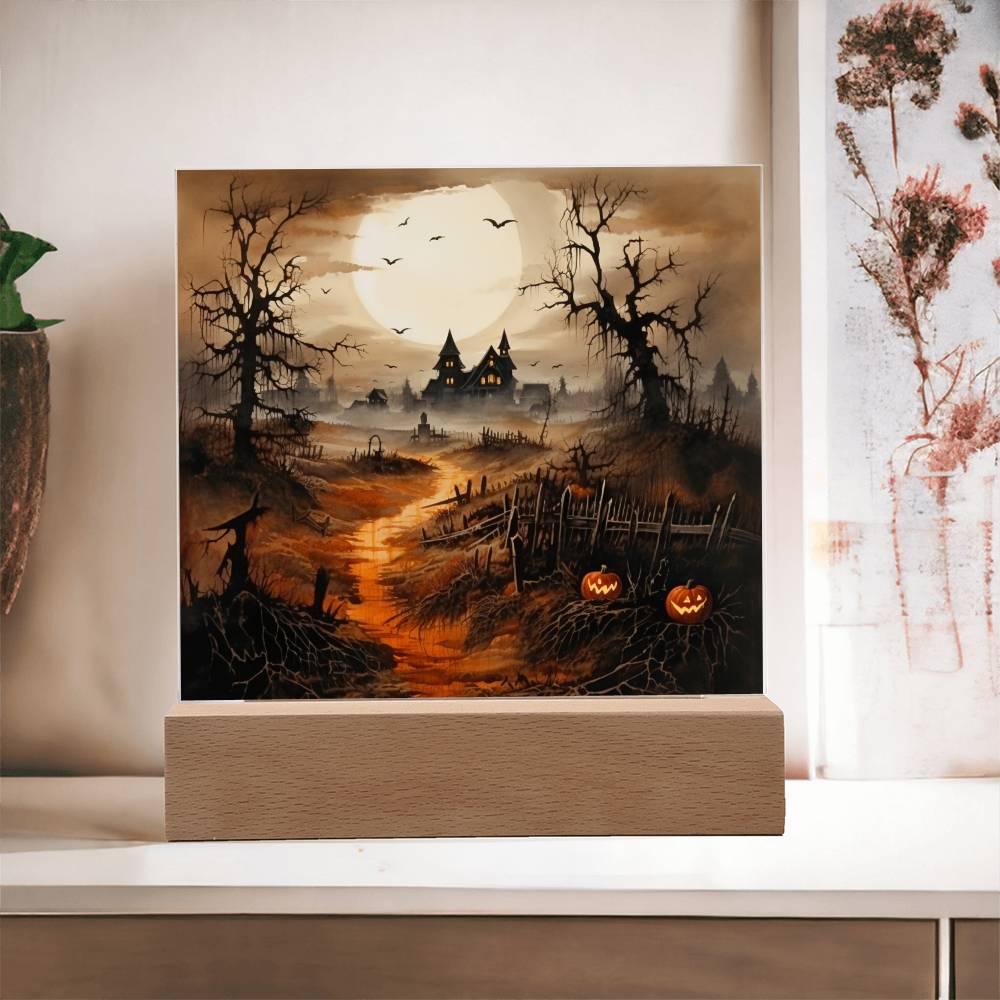 Eerie Elegance: Haunted Mansion Acrylic Halloween Plaque with LED Lighted Wooden Base - Mallard Moon Gift Shop