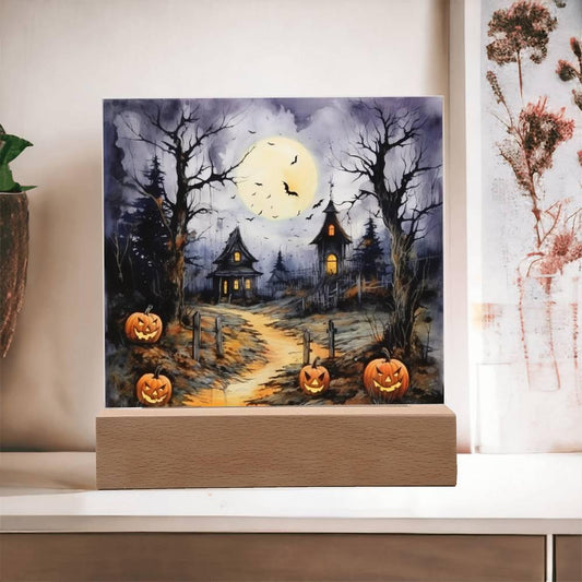 Halloween Haunt: Detailed Mansion Acrylic Plaque with LED Lighted Wooden Base - Mallard Moon Gift Shop