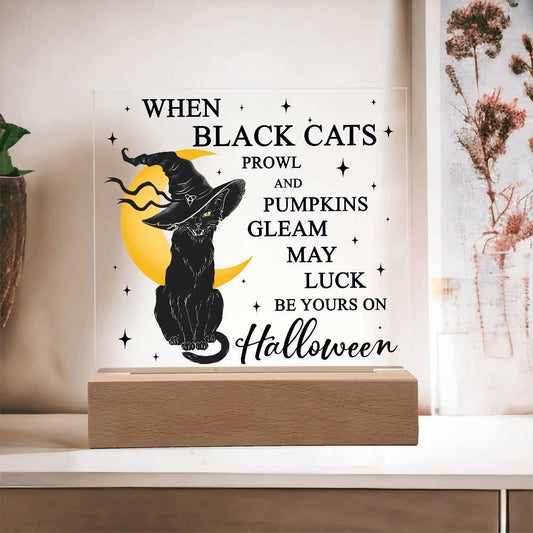 Halloween Decor - Black Cats and Pumpkins Gleam Acrylic Square Plaque with LED Wooden Base - Mallard Moon Gift Shop