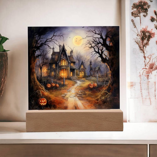 Ghostly Manor: Halloween Acrylic Square Plaque with LED Lighted Wooden Base - Mallard Moon Gift Shop
