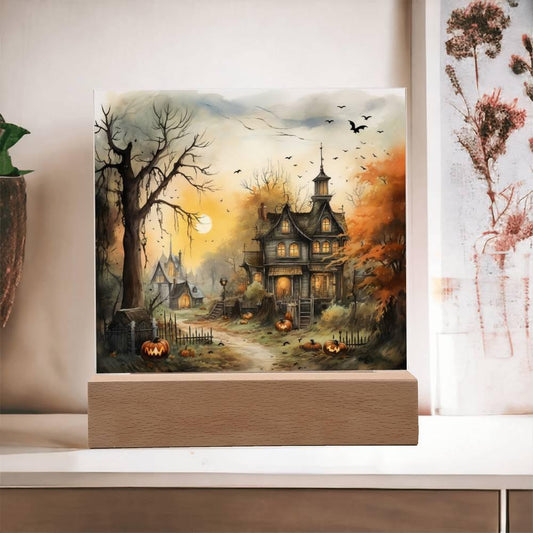 Spectral Spire: Spooky Halloween Mansion Acrylic Square Plaque with LED Lighted Wooden Base - Mallard Moon Gift Shop