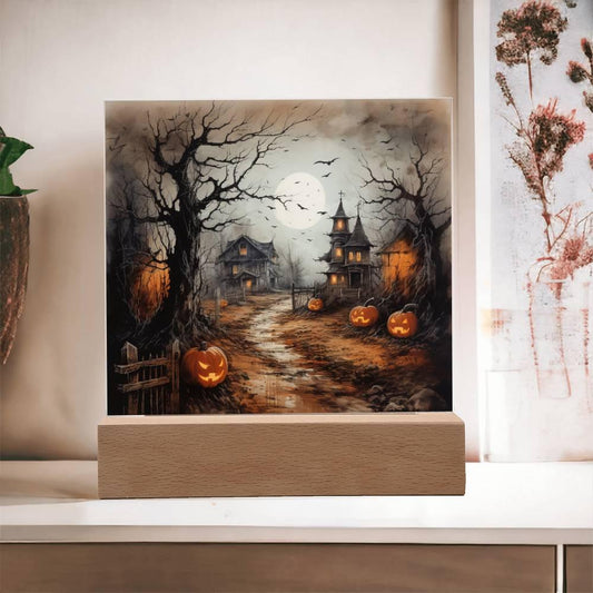 Shadowy Stronghold: Unique Mansion Halloween Acrylic Lighted Plaque - Mallard Moon Gift Shop