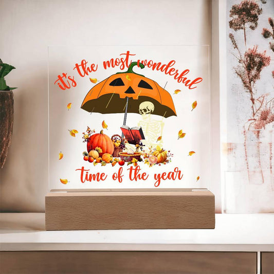 Halloween Decor - Most Wonderful Time of The Year Acrylic Square Plaque with LED Wooden Base - Mallard Moon Gift Shop