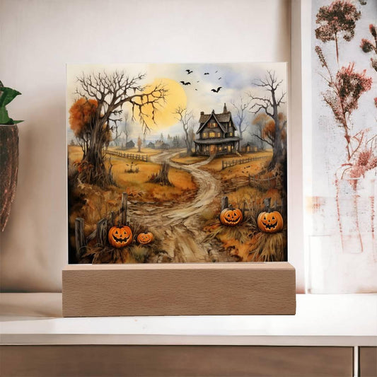 Haunted Elegance: Spooky Halloween Mansion Acrylic Square Plaque with LED Lighted Wooden Base - Mallard Moon Gift Shop