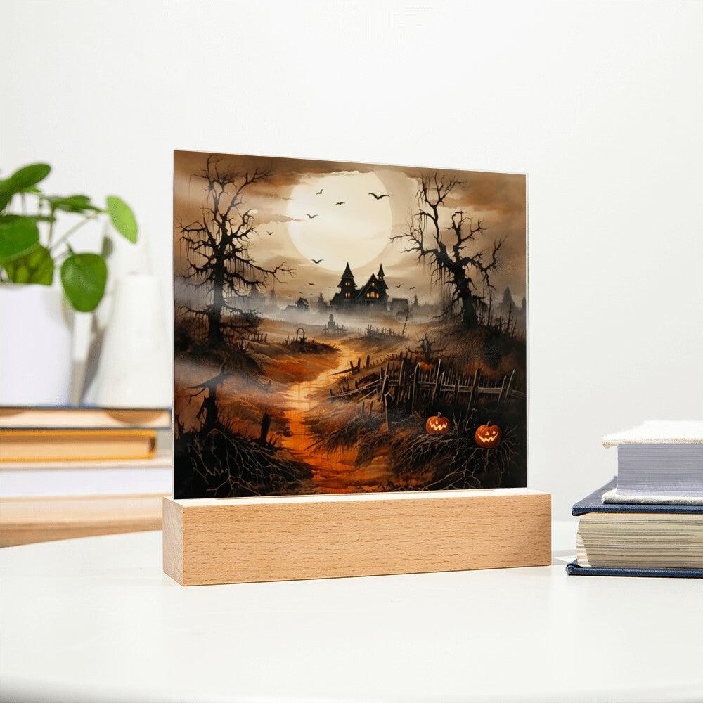 Eerie Elegance: Haunted Mansion Acrylic Halloween Plaque with LED Lighted Wooden Base - Mallard Moon Gift Shop