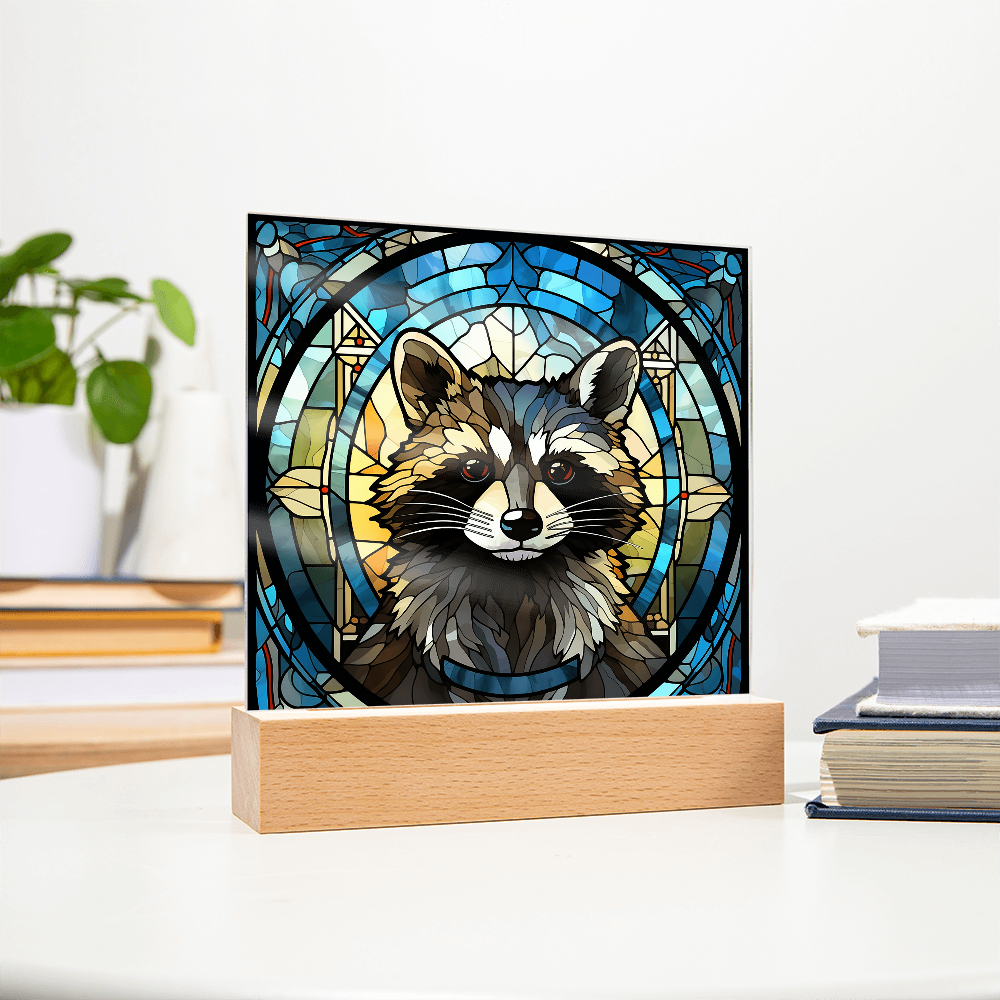 Stained Glass Raccoon Acrylic LED Light Plaque – Custom Animal Art Gift with Wooden Base - Mallard Moon Gift Shop