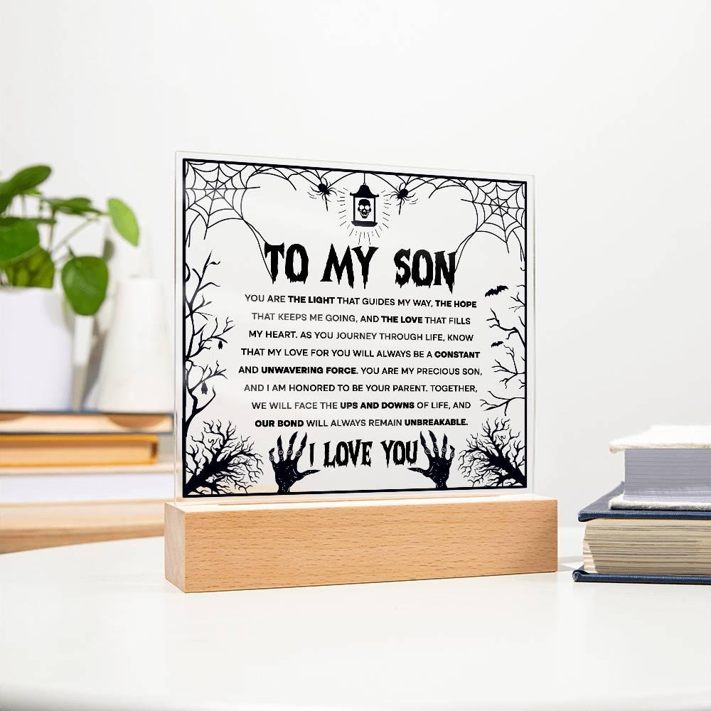 Son - Unwavering Force - Halloween Acrylic Square Plaque with LED Wooden Base - Mallard Moon Gift Shop