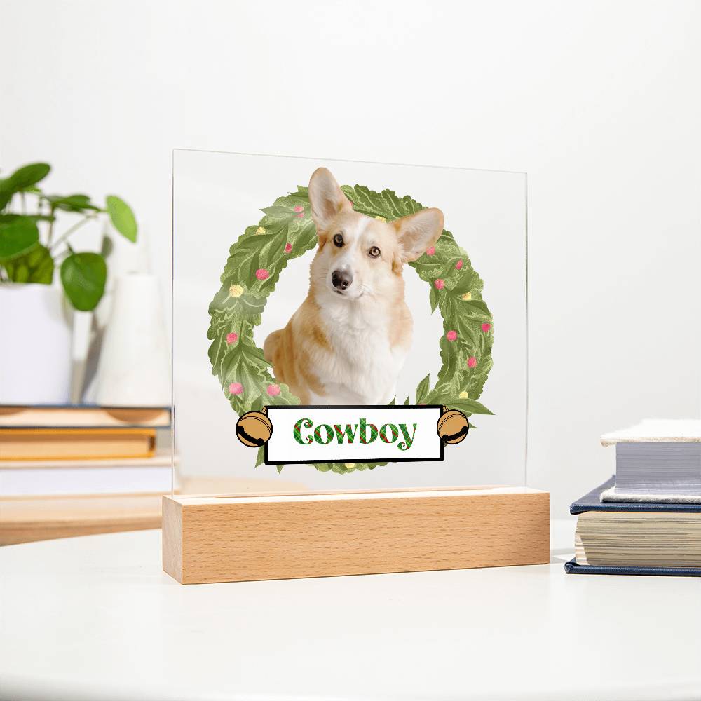 Pet Personalized Holiday Wreath Photo Upload Keepsake Acrylic Plaque with Lighted LED Wooden Base - Mallard Moon Gift Shop