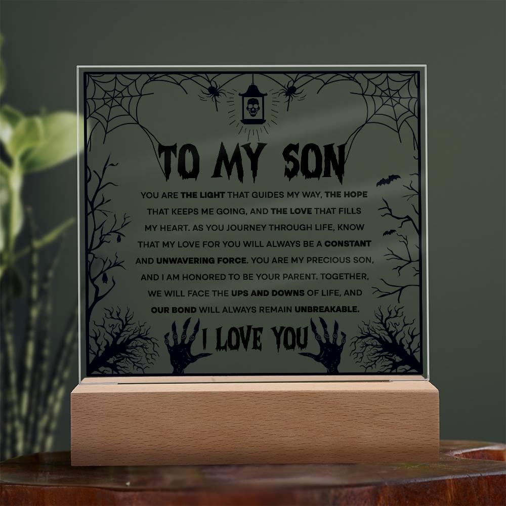 Son - Unwavering Force - Halloween Acrylic Square Plaque with LED Wooden Base - Mallard Moon Gift Shop