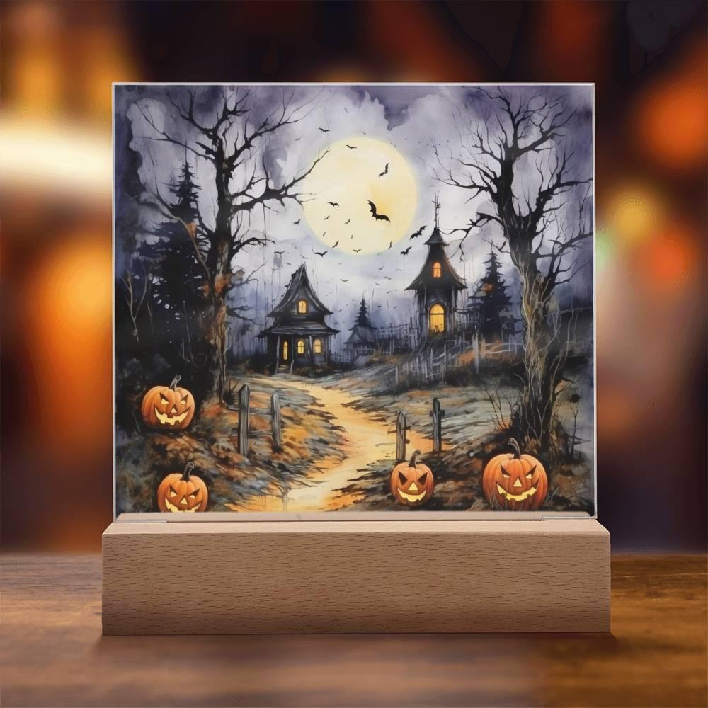 Halloween Haunt: Detailed Mansion Acrylic Plaque with LED Lighted Wooden Base - Mallard Moon Gift Shop