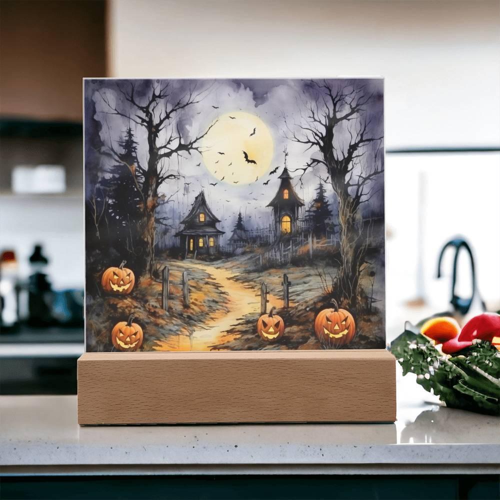 Halloween Haunt: Detailed Mansion Acrylic Plaque with LED Lighted Wooden Base - Mallard Moon Gift Shop