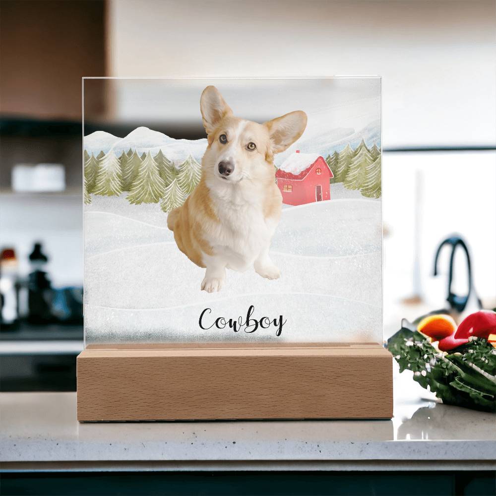 Pet Personalized Holiday Photo Upload Acrylic Plaque with Lighted LED Wooden Base - Mallard Moon Gift Shop