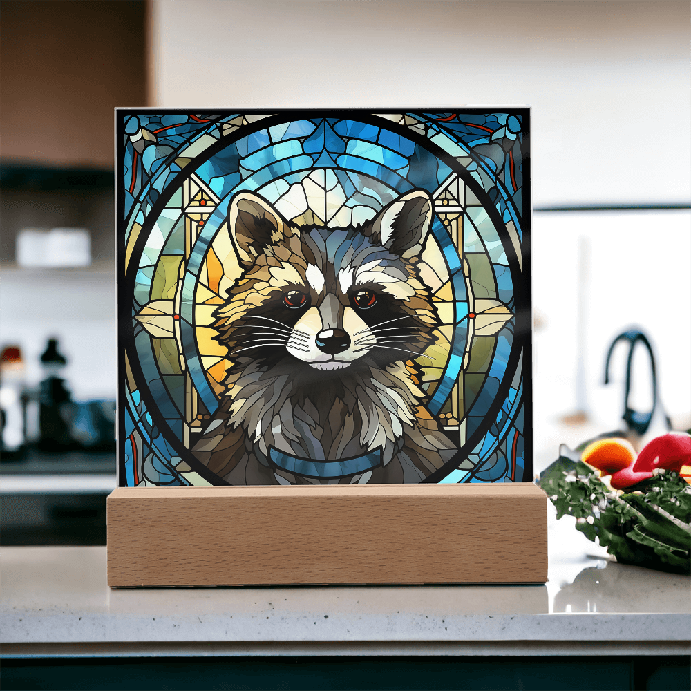 Stained Glass Raccoon Acrylic LED Light Plaque – Custom Animal Art Gift with Wooden Base - Mallard Moon Gift Shop