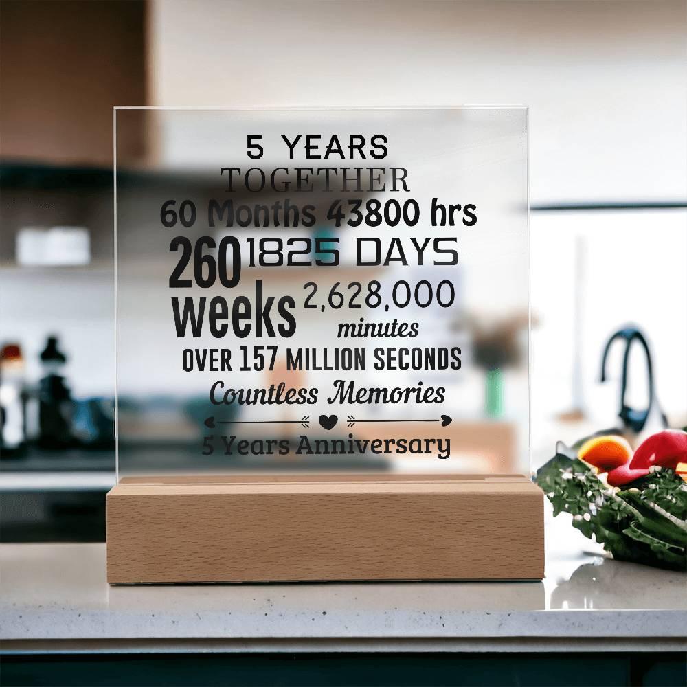 Anniversary Gift Five Years Together Acrylic Square Plaque with Lighted LED Wooden Base - Mallard Moon Gift Shop