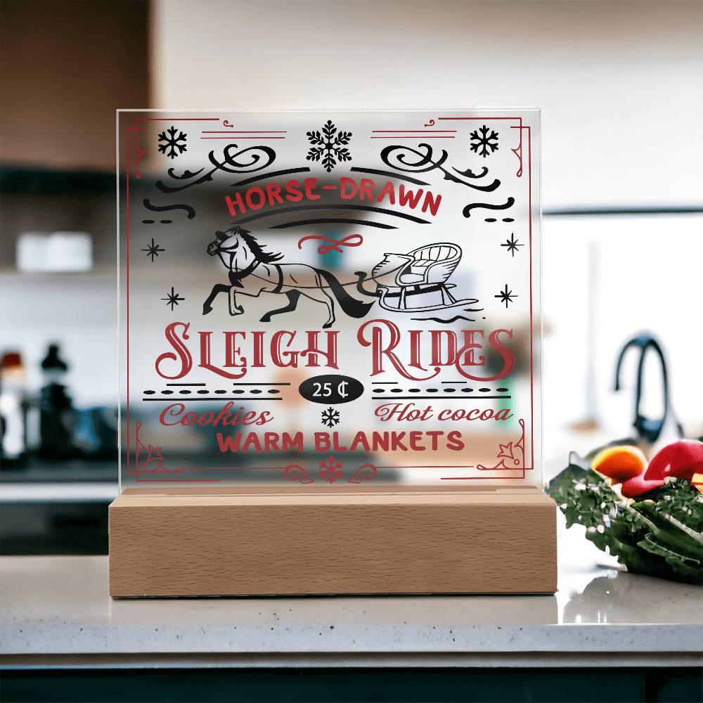 Christmas Horse Drawn Sleigh Rides Acrylic Square Plaque with LED Wooden Base - Mallard Moon Gift Shop