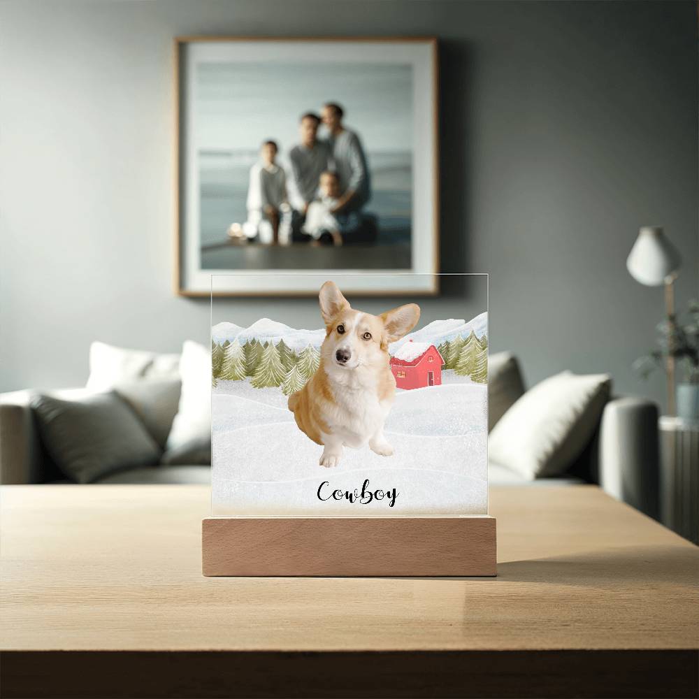 Pet Personalized Holiday Photo Upload Acrylic Plaque with Lighted LED Wooden Base - Mallard Moon Gift Shop