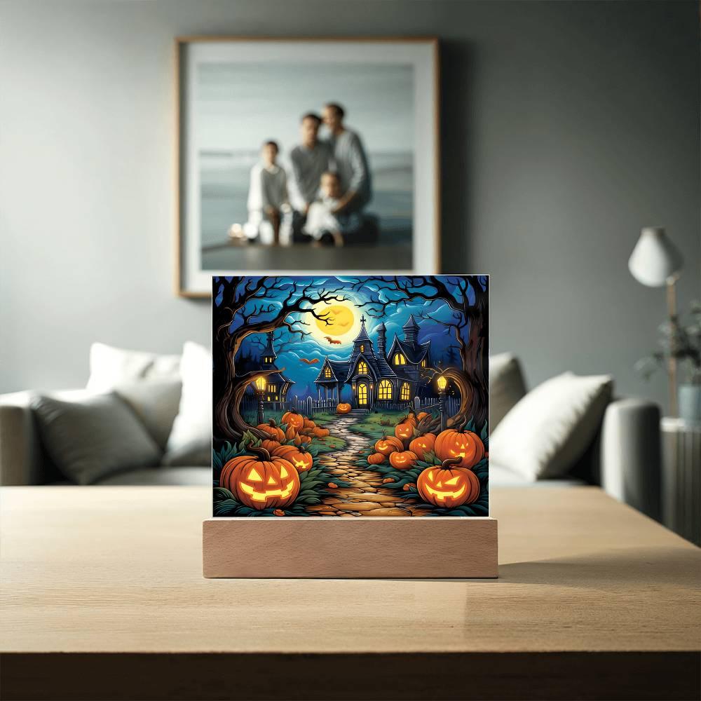 Halloween Decor Haunted Mansion Acrylic Square Plaque with LED Wooden Base - Mallard Moon Gift Shop