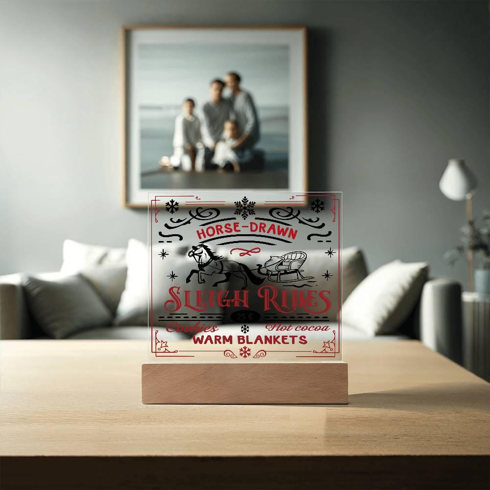 Christmas Horse Drawn Sleigh Rides Acrylic Square Plaque with LED Wooden Base - Mallard Moon Gift Shop