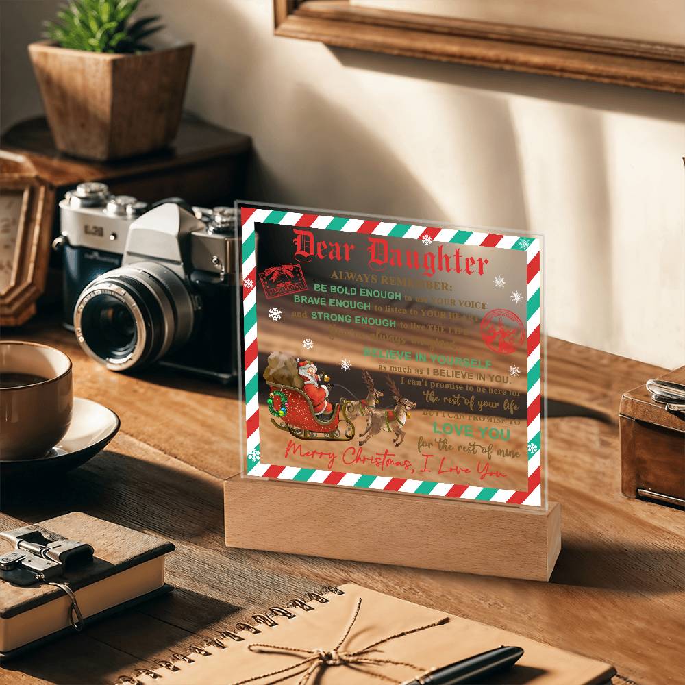 Daughter - Use Your Voice Christmas Acrylic Square Plaque with LED Wooden Base - Mallard Moon Gift Shop