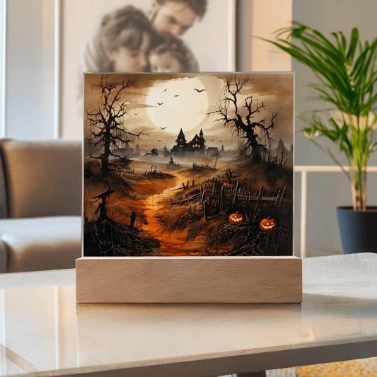 Eerie Elegance: Haunted Mansion Acrylic Halloween Plaque with LED Lighted Wooden Base - Mallard Moon Gift Shop