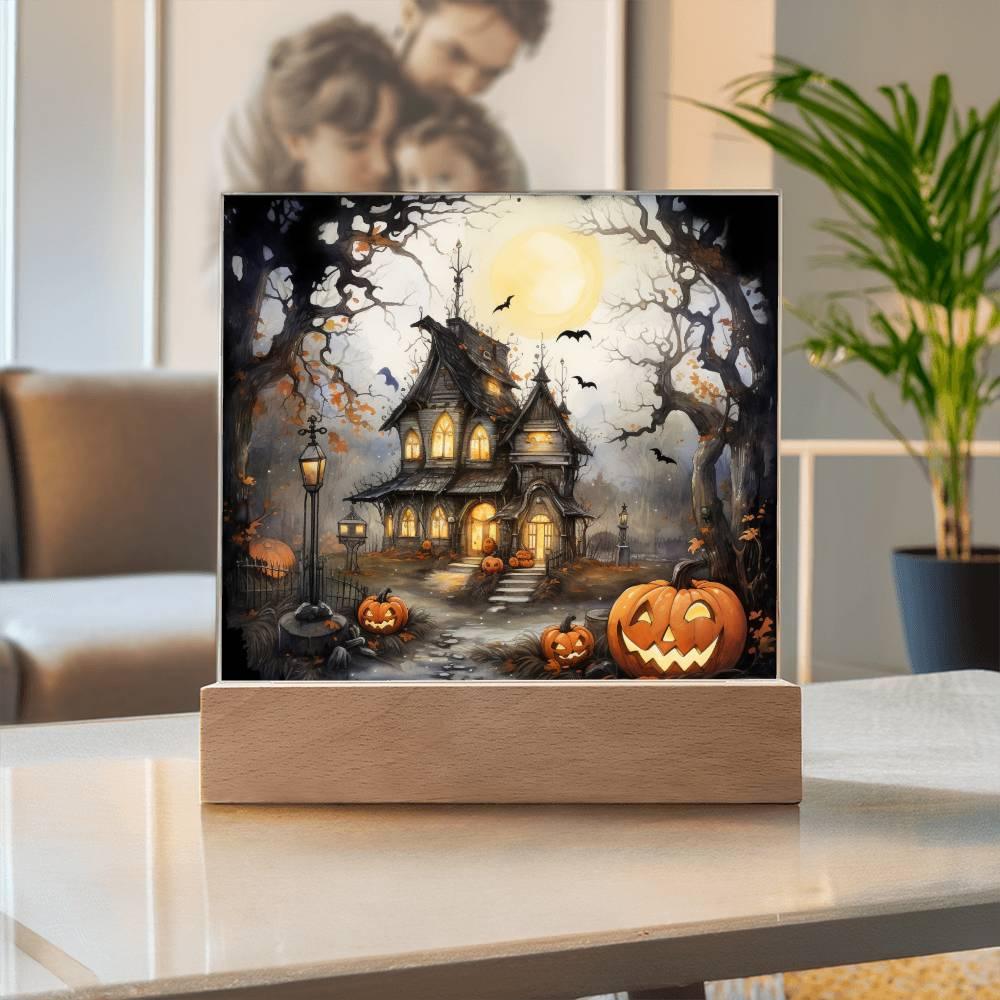 Chilling Manor: Haunted Halloween Mansion Acrylic Square Plaque with LED Lighted Wooden Base - Mallard Moon Gift Shop