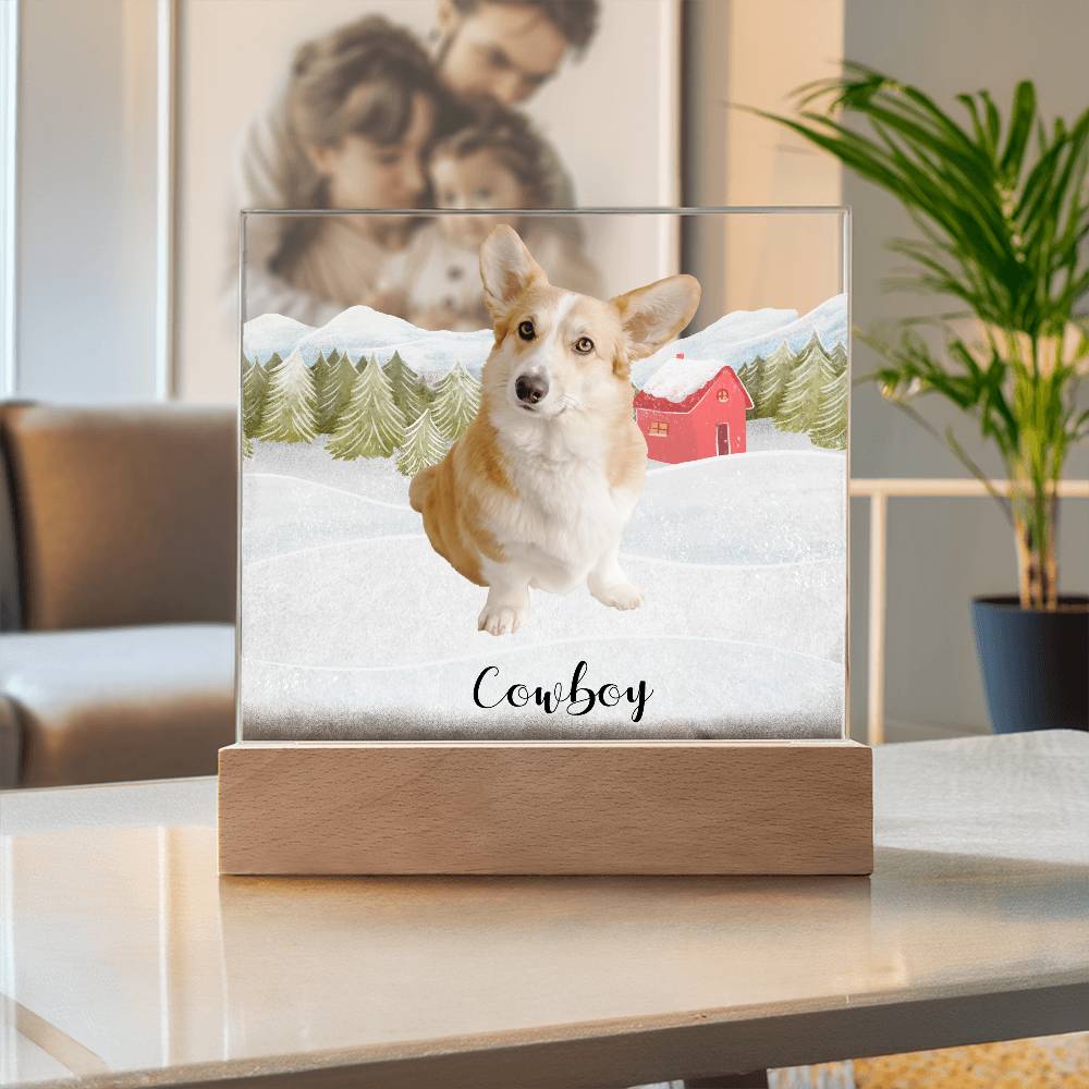Pet Personalized Holiday Photo Upload Acrylic Plaque with Lighted LED Wooden Base - Mallard Moon Gift Shop