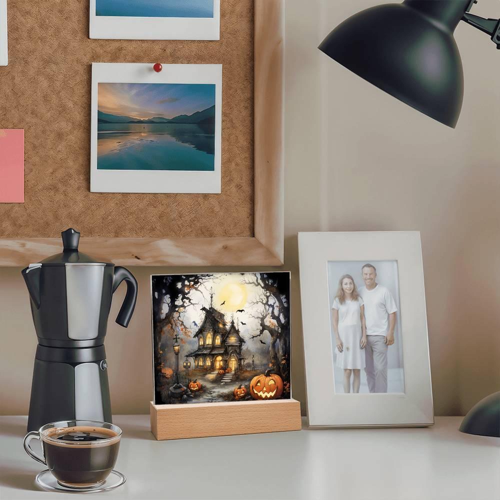 Chilling Manor: Haunted Halloween Mansion Acrylic Square Plaque with LED Lighted Wooden Base - Mallard Moon Gift Shop