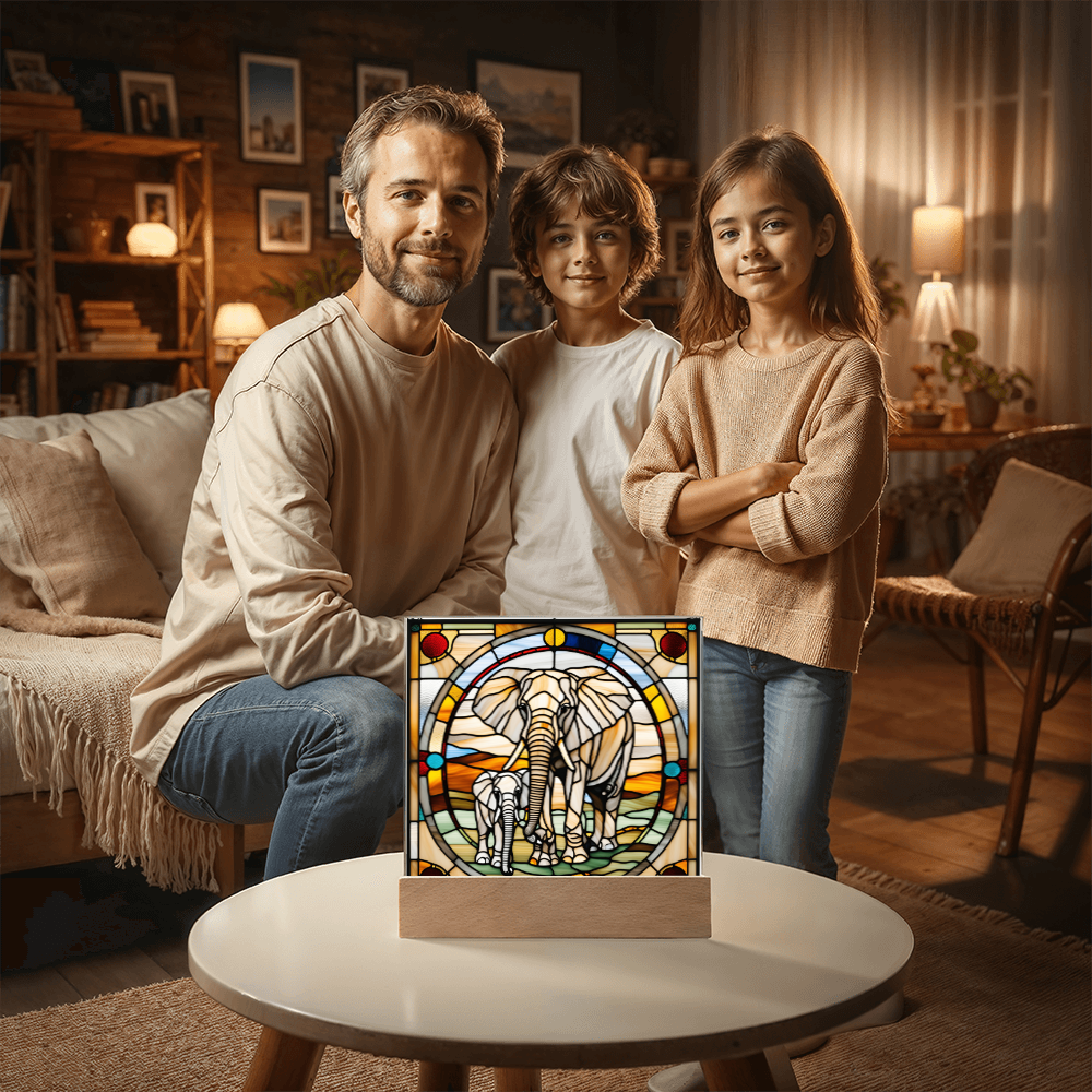 Elephant Mother and Baby Calf - Stained Glass Style LED Acrylic Plaque – A Symbol of Strength, Love, and Family - Mallard Moon Gift Shop