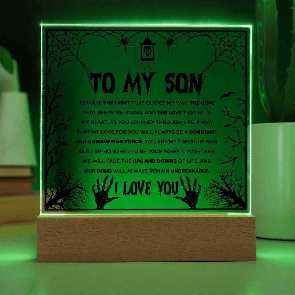 Son - Unwavering Force - Halloween Acrylic Square Plaque with LED Wooden Base - Mallard Moon Gift Shop