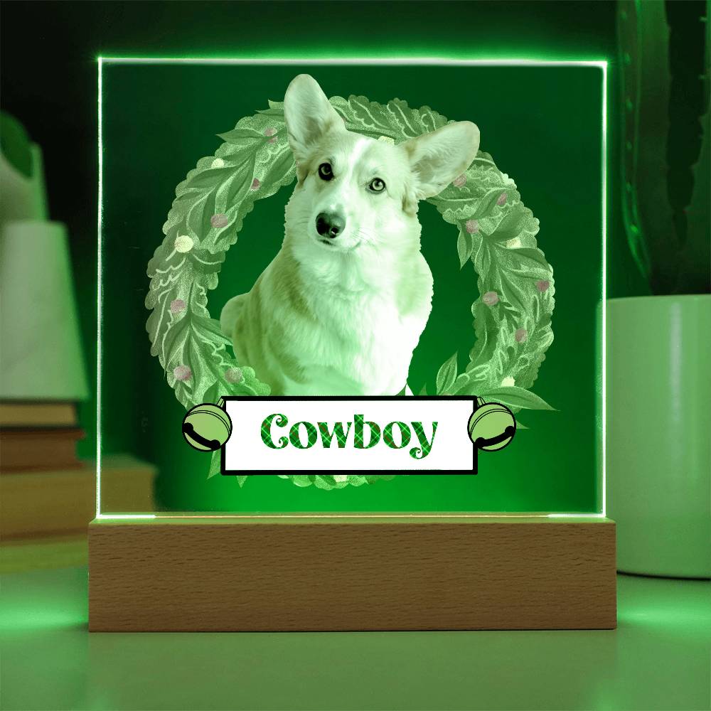Pet Personalized Holiday Wreath Photo Upload Keepsake Acrylic Plaque with Lighted LED Wooden Base - Mallard Moon Gift Shop
