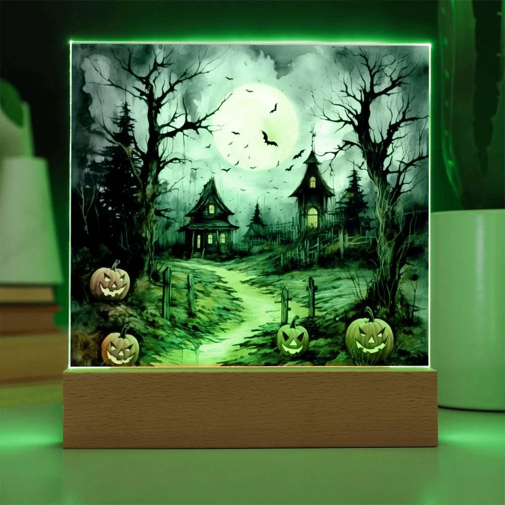 Halloween Haunt: Detailed Mansion Acrylic Plaque with LED Lighted Wooden Base - Mallard Moon Gift Shop