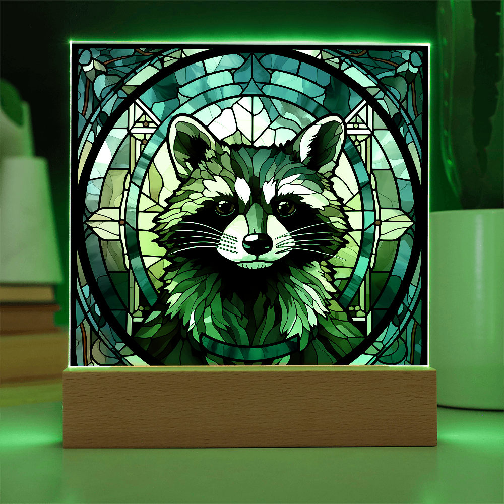 Stained Glass Raccoon Acrylic LED Light Plaque – Custom Animal Art Gift with Wooden Base - Mallard Moon Gift Shop