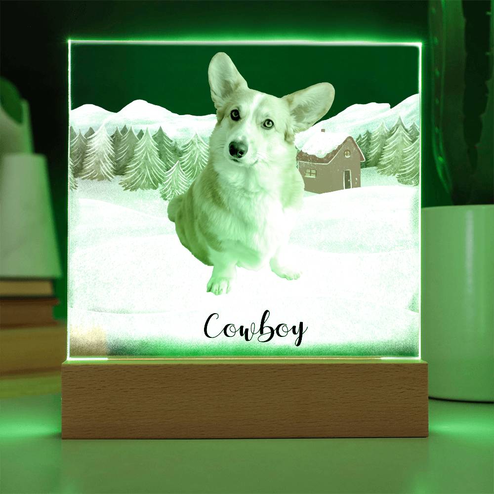 Pet Personalized Holiday Photo Upload Acrylic Plaque with Lighted LED Wooden Base - Mallard Moon Gift Shop