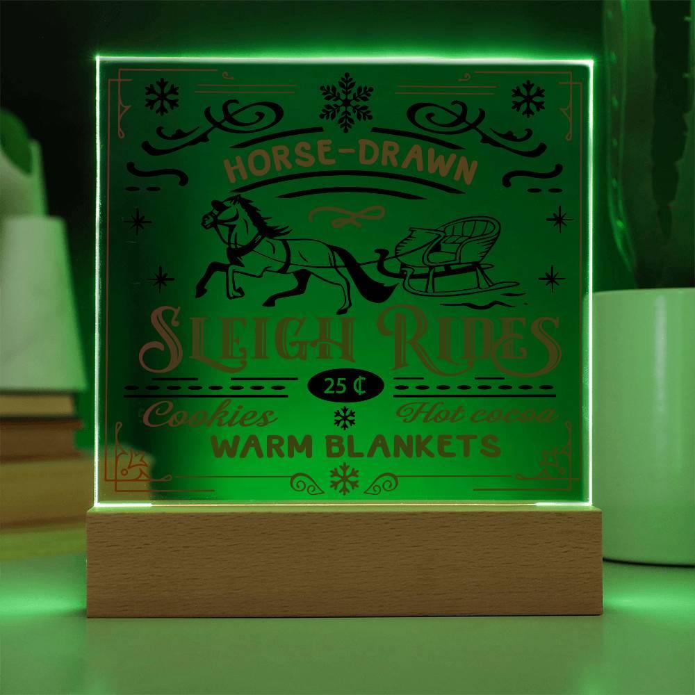 Christmas Horse Drawn Sleigh Rides Acrylic Square Plaque with LED Wooden Base - Mallard Moon Gift Shop