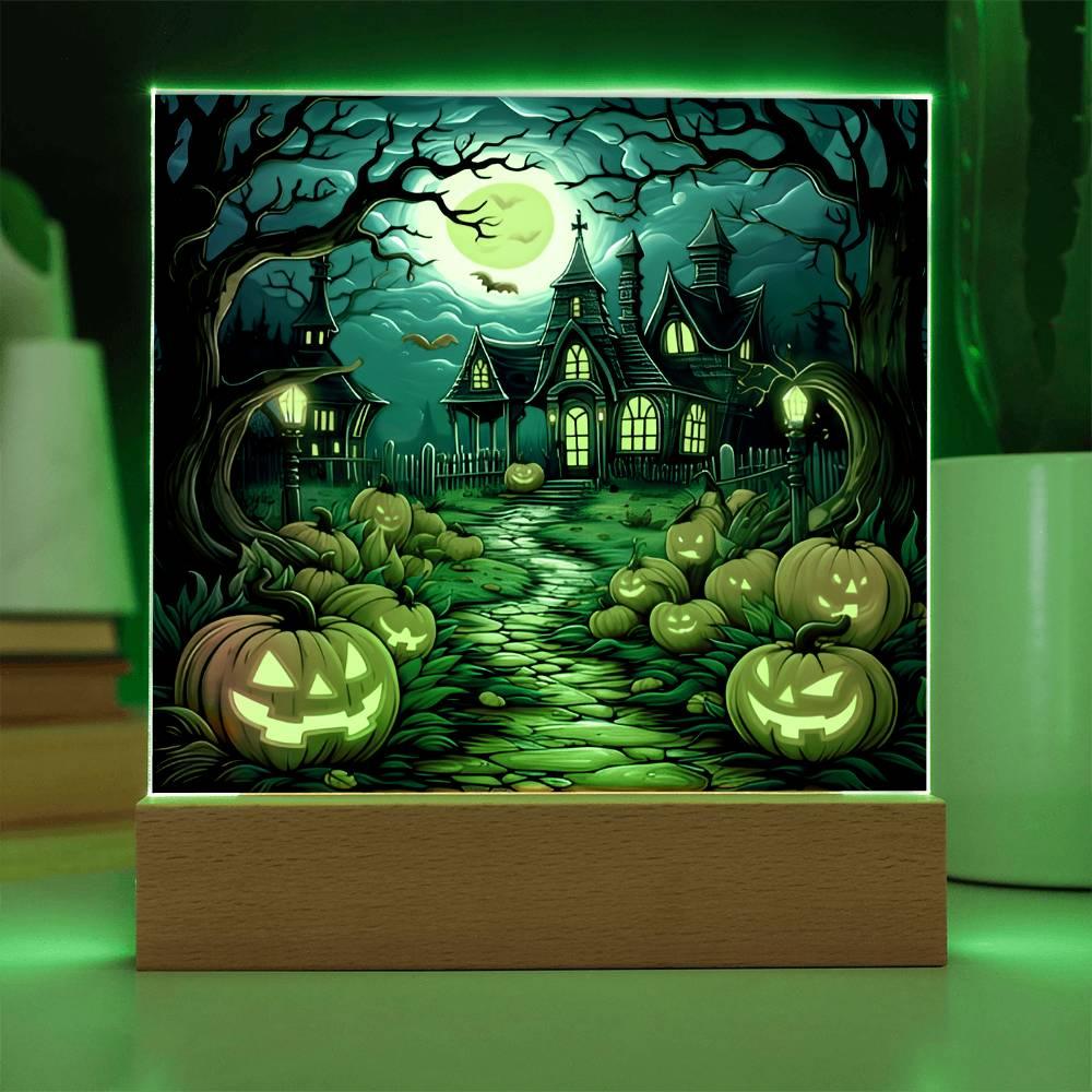 Halloween Decor Haunted Mansion Acrylic Square Plaque with LED Wooden Base - Mallard Moon Gift Shop